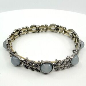 Vintage Silver Tone Light Blue Stone Leaf Link Stretch Bracelet‎ Boho Statement